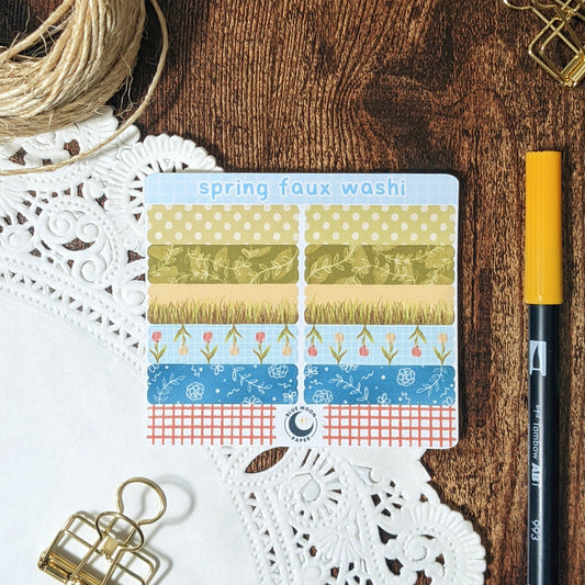 Sticker sheet featuring rectangular strips of patterns, such as tulips, dots, and grass.