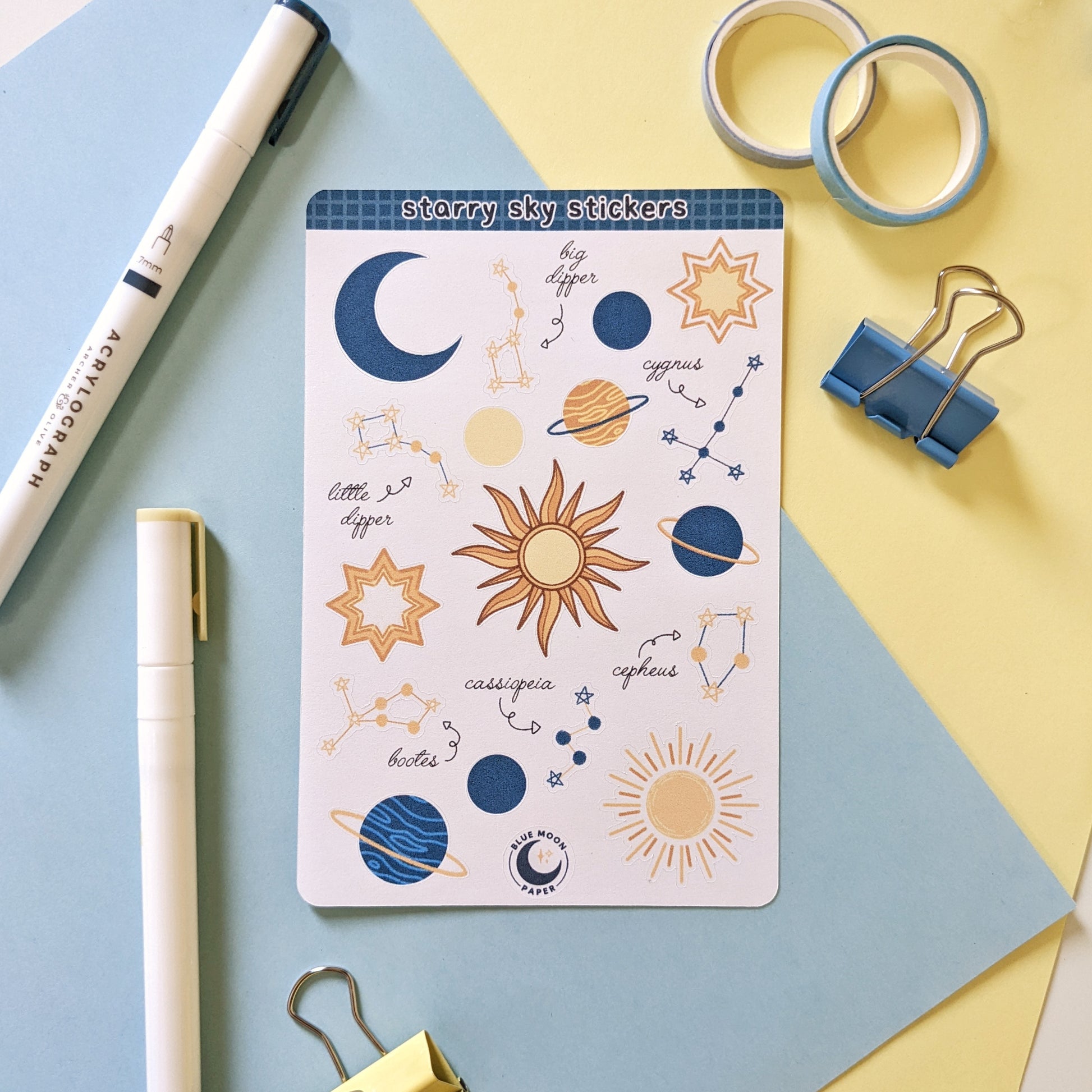 Sticker sheet featuring various illustrations of constellations, stars, and planets.