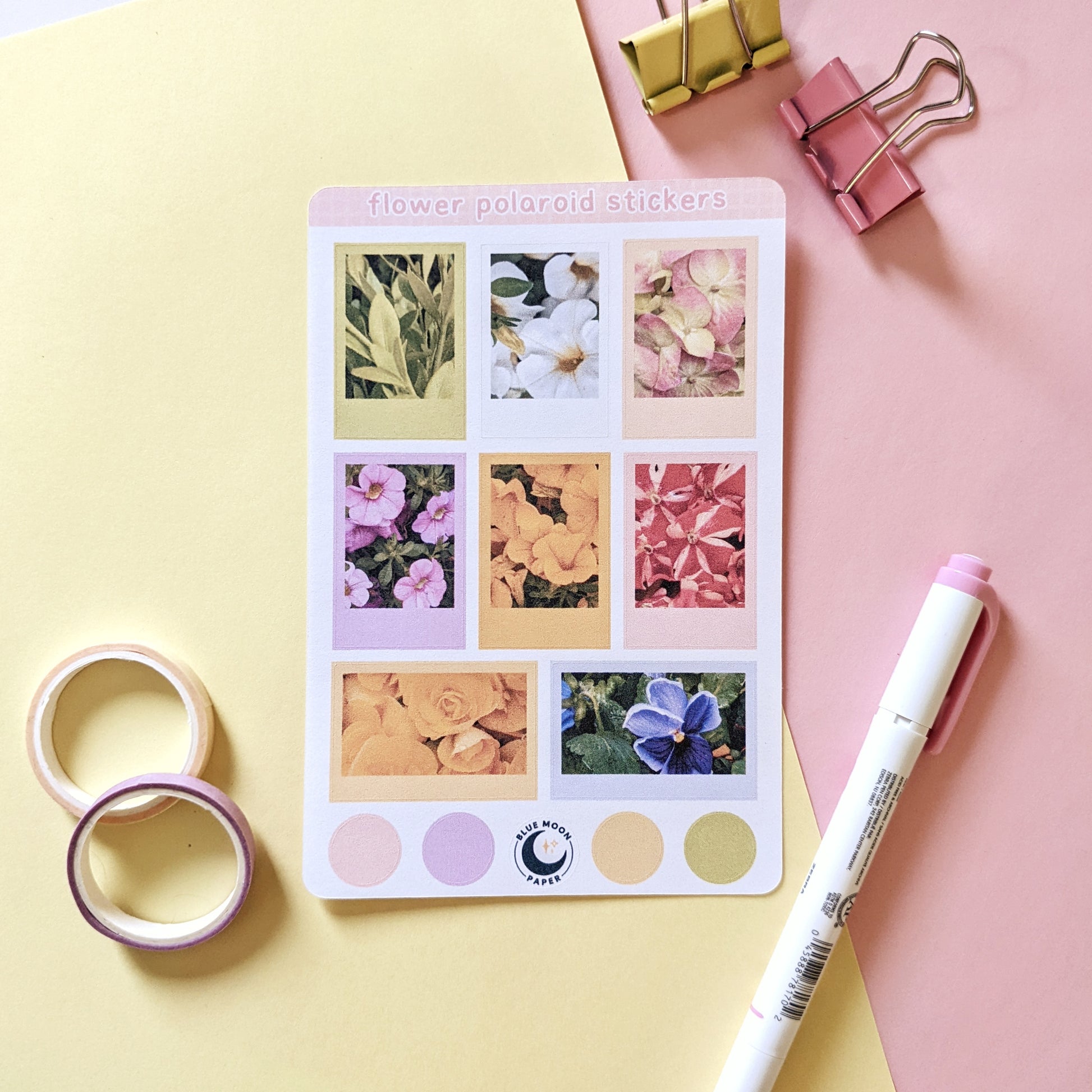 Sticker sheet featuring photos of flowers inside polaroid-like frames, along with coloured dots along the bottom.