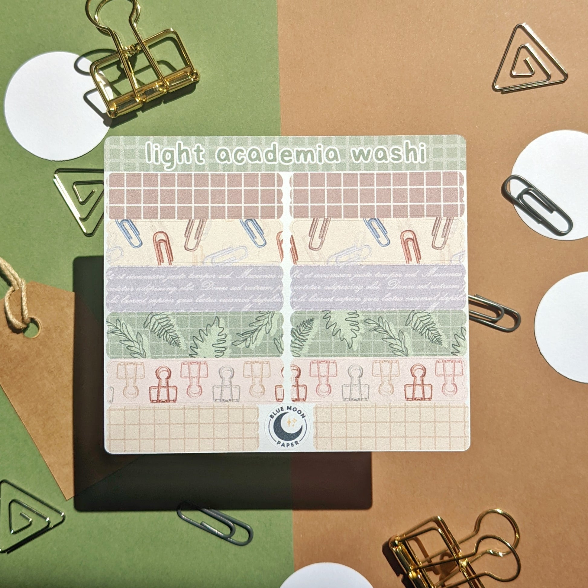 Sticker sheet with strips of illustrations such as grids, leaves, and illegible text.