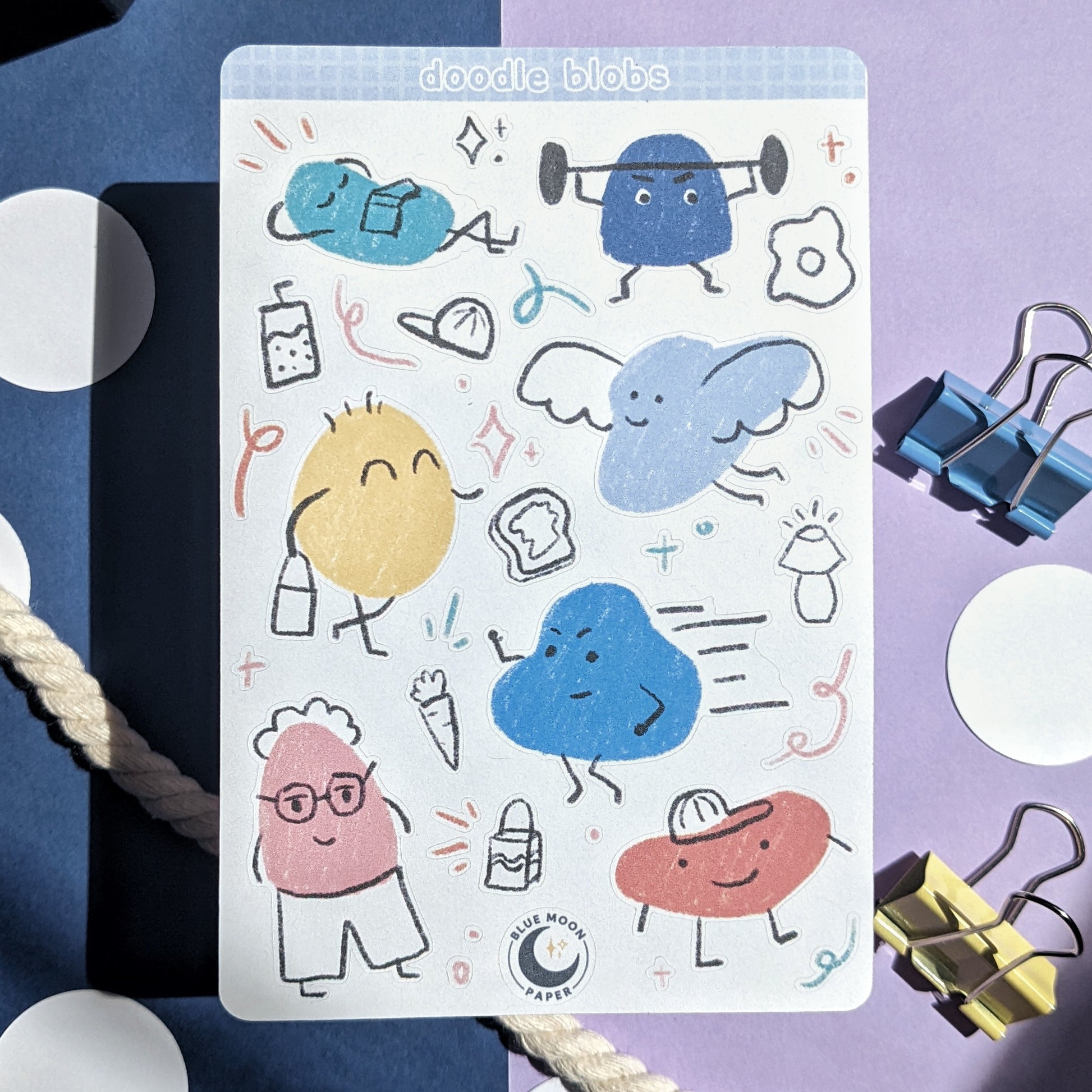 Sticker sheet with brightly coloured blobs with faces, doing various activities like running, sleeping, and lifting weights.