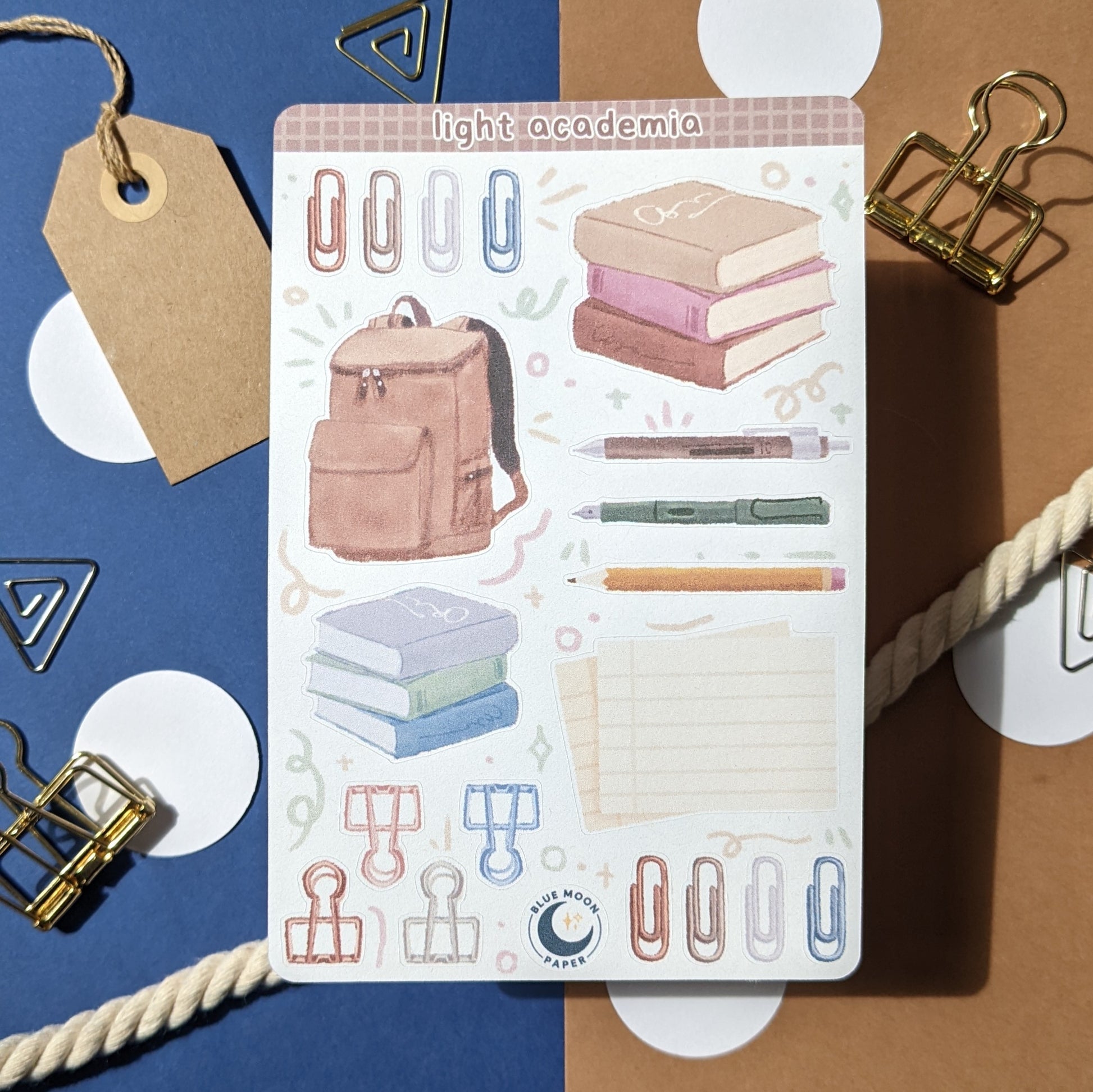 Sticker sheet with academic elements on it such as stationery, books, and a backpack.
