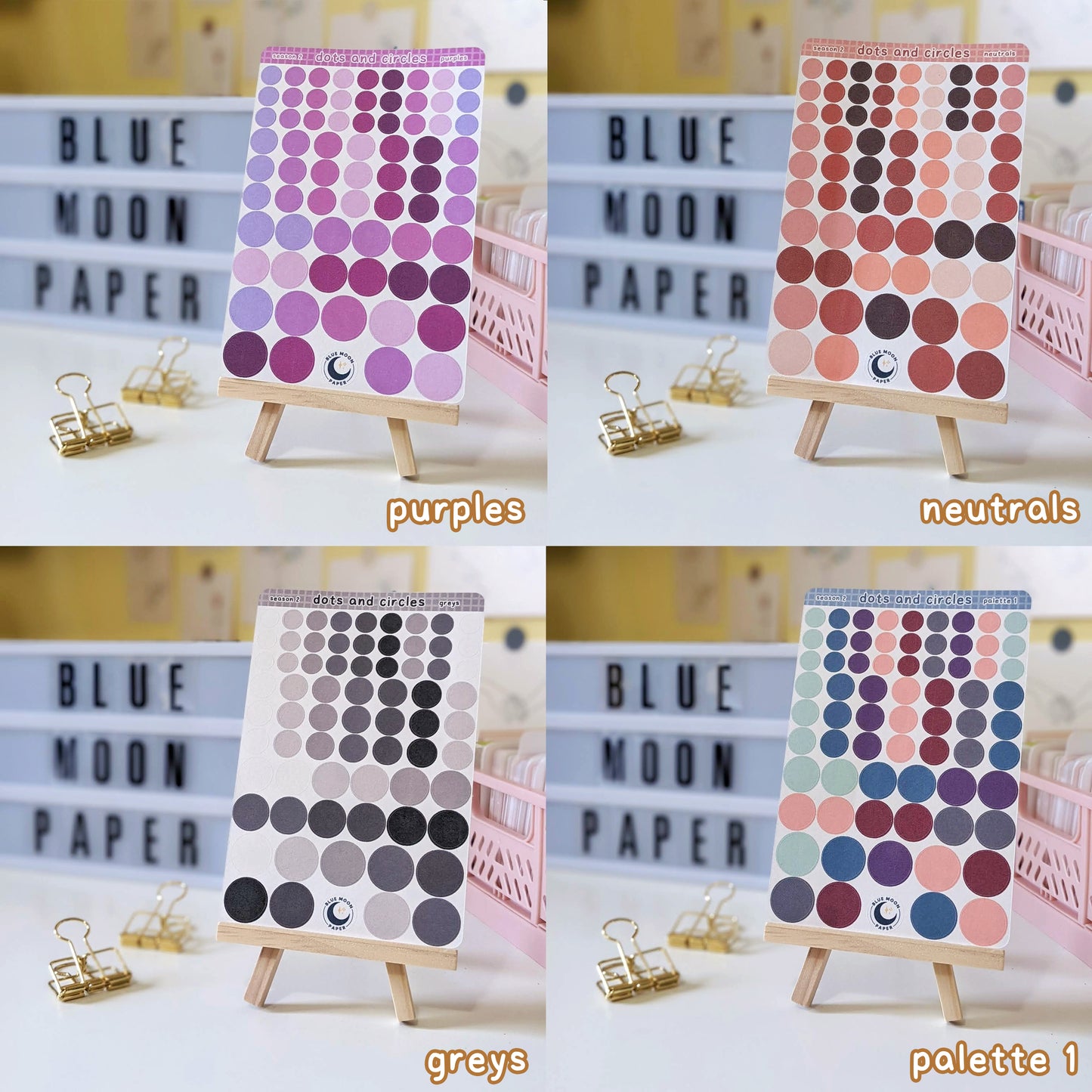 A grid of 4 sticker sheets featuring dots of 4 different sizes, in a variety of colours. These are the purple, neutral, grey, and palette 1 variants.