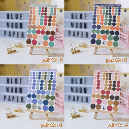 A grid of 4 sticker sheets featuring dots of 4 different sizes, in a variety of colours. These are the palette 2-5 variants.